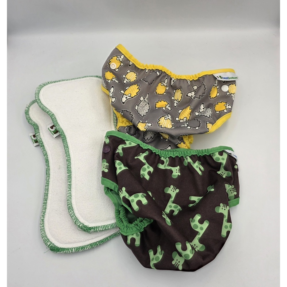 2 Best Bottom One Size Yellow & Brown Themed Diapers & 2 White & Green Inserts